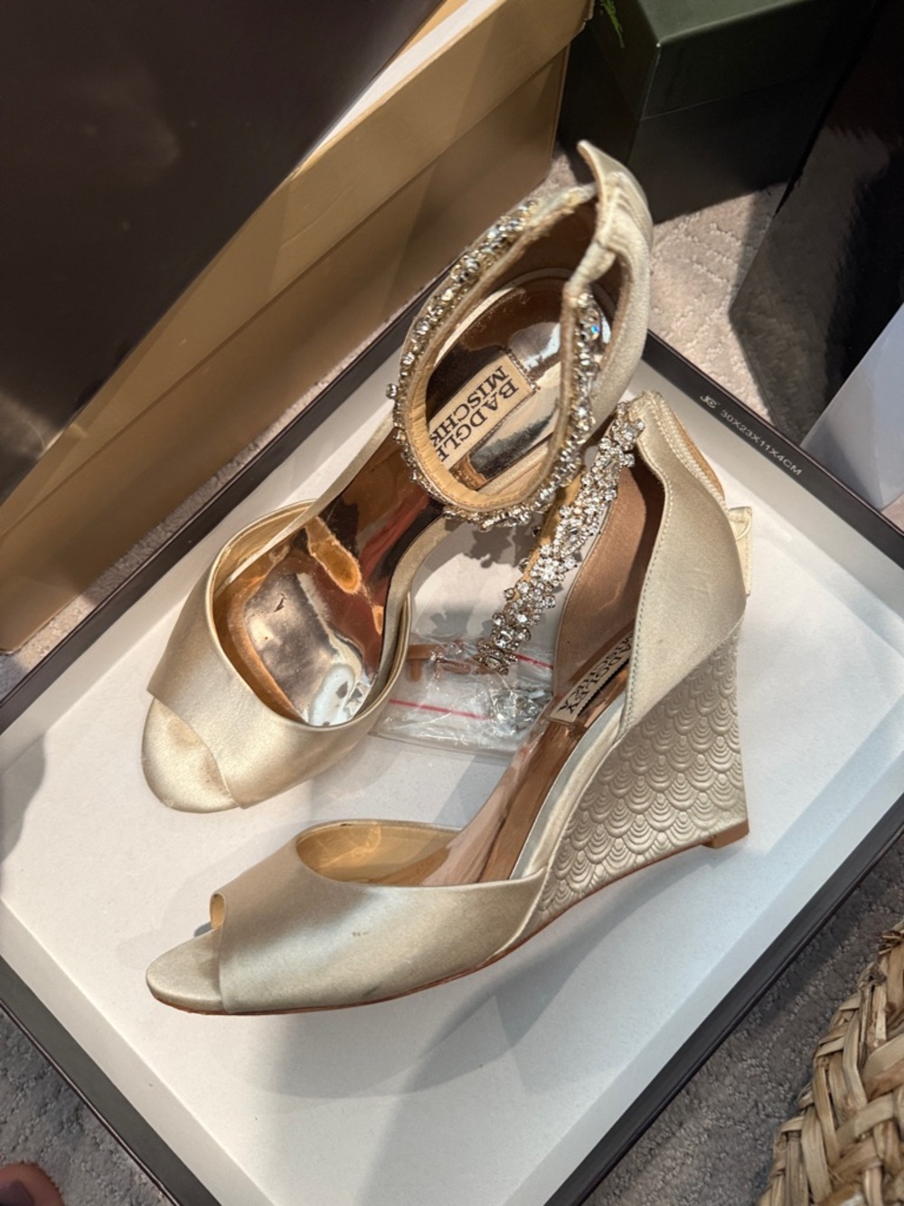 Badgley Mischka Champagne Satin Crystal-Ankle Wedge heels